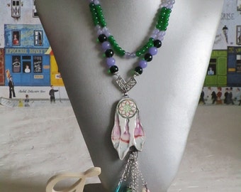Ravissant collier sautoir perles et céramiques "Dream catches"