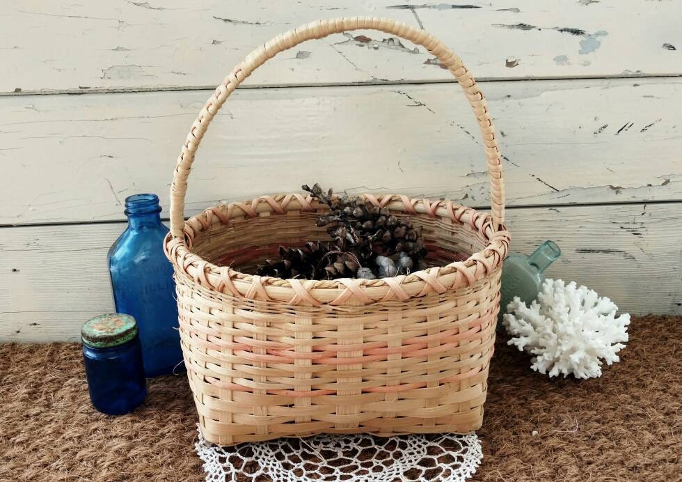 Antique Split Oak Handmade Basket With Handle Retro Wooden