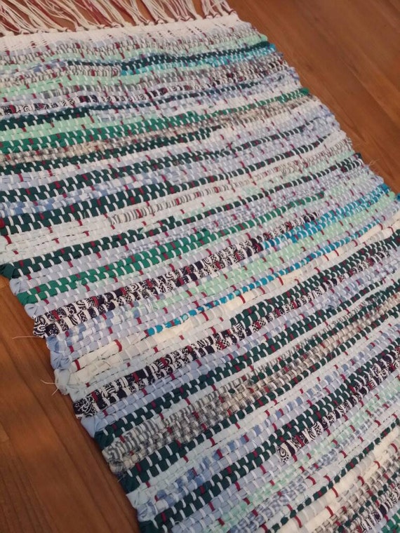 Handwoven blues with hints of green rag rug mat Floor Rug