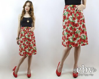 Vintage 70s Floral High Waisted Skirt S M Floral Knee Skirt High Waist Skirt Summer Skirt 1970s Skirt 70s Skirt Red Floral Skirt White Skirt