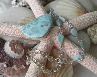 Larimar Necklace Larimar Pendant Handmade Dominican Silver Wire Wrapped Cabochons Blue Semiprecious Gemstone Take 20% Off Larimar Jewelry
