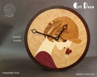 Wood Wall Clock with Art Deco Female inlay. WC-2 Free Shipping.