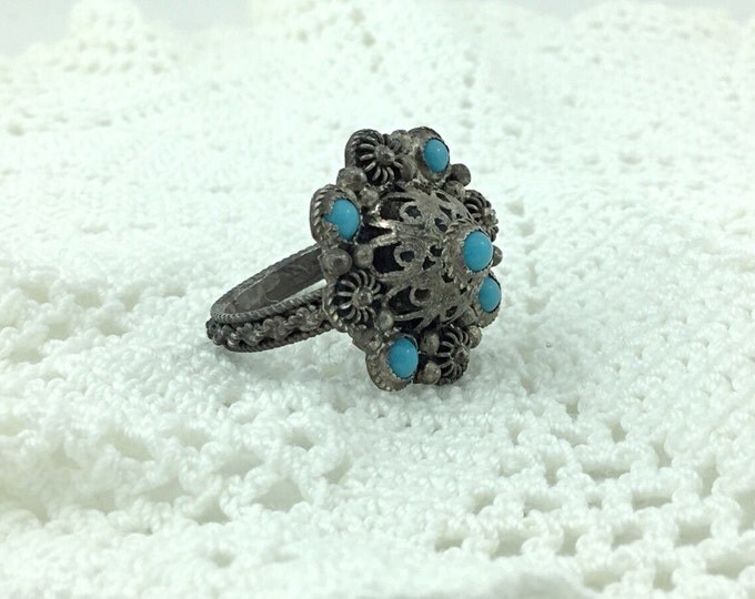 Vintage Turkish Etruscan Style Silver Ring, Nunu 900 Silver And Turquoise Ring. 1930s Rings. Silver Ring With Blue Stones. Ornate Old Ring.