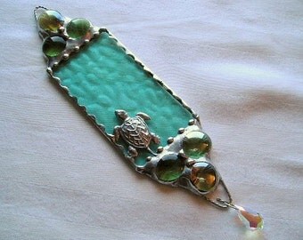Stained Glass Suncatcher|Sea Turtle Suncatcher|Sea Turtle|Seafoam|Swarovski Crystal|Art & Collectibles|Glass Art|Handcrafted|Made in USA