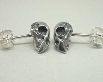 Super Tiny Parakeet Skull Ear Studs, Sterling Silver