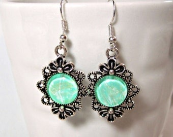 Silver and Green Filigree Dangle Earrings