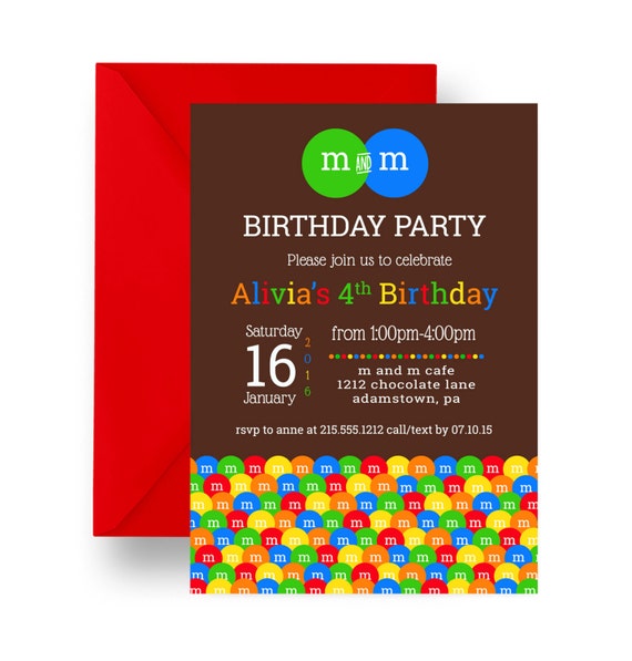 M and M Birthday Party Invitations Kids Colorful Candy
