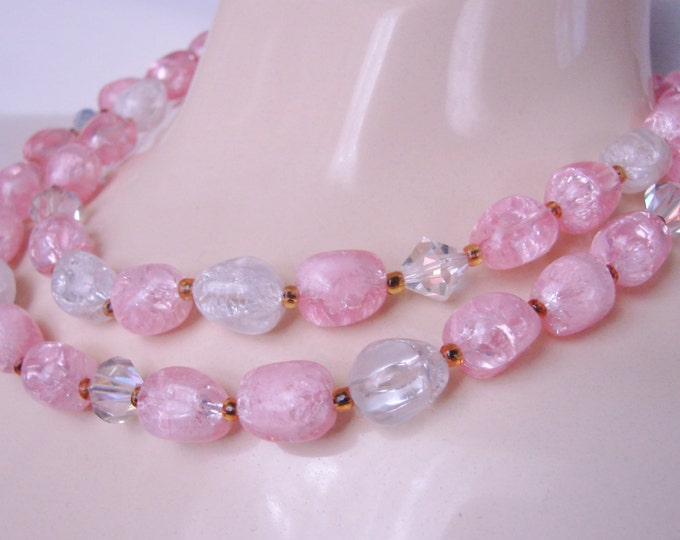 Mid Century Bead Necklace / Pink Lucite Beads / Aurora Borealis Crystal Glass Beads / Vintage / Jewelry / Jewellery