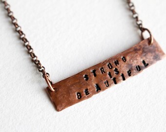 Strong is Beautiful, Stamped Necklace, Personalized, Bar Necklace, Stamped Metal, Beaded Jewelry, Inspirational, Feminist Jewelry