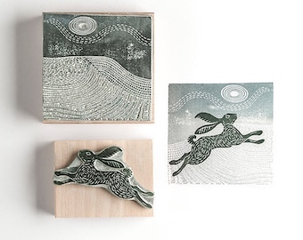 Snow Hare and Landscape Rubber Stamp