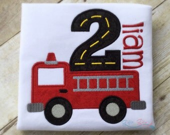Firetruck birthday shirt, firetruck with number and name, firefighter shirt, embroidered birthday shirt with name for boys