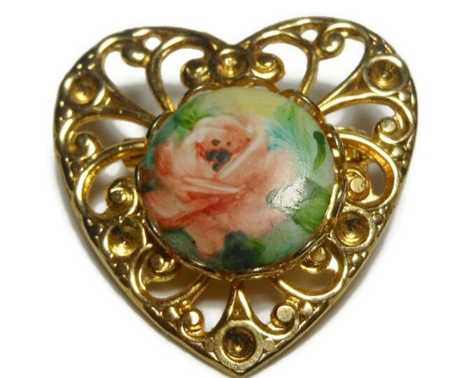 Heart brooch, gold filigree heart with inset hand painted cabochon of a pink orange rose, small sweet pin, lapel pin, flower floral brooch