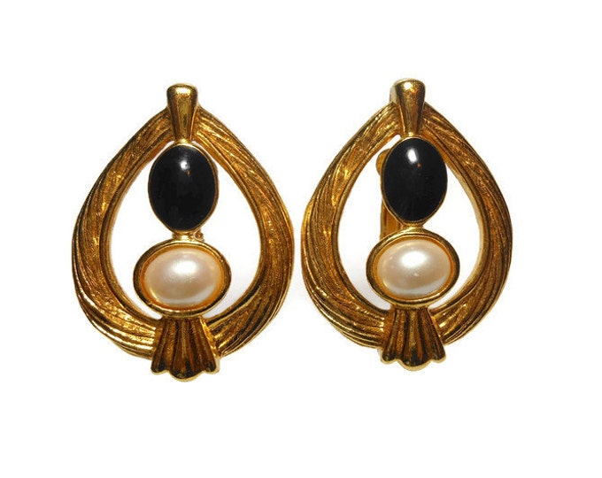 FREE SHIPPING Avon gold teardrop earrings, open work braided gold with faux half pearl and black cabochon insets, clip earrings