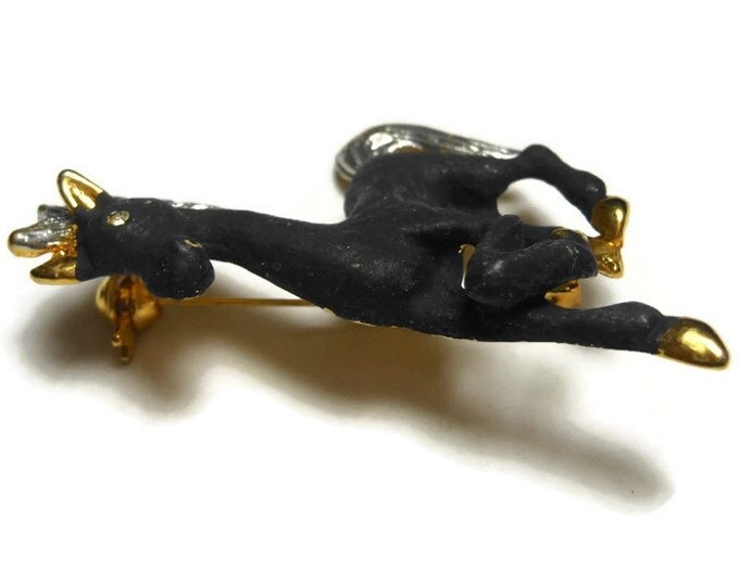 FREE SHIPPING Black horse brooch pin, flat black enamel horse with glossy silver gold hair, glossy gold ears hoofs, rhinestone eye, small