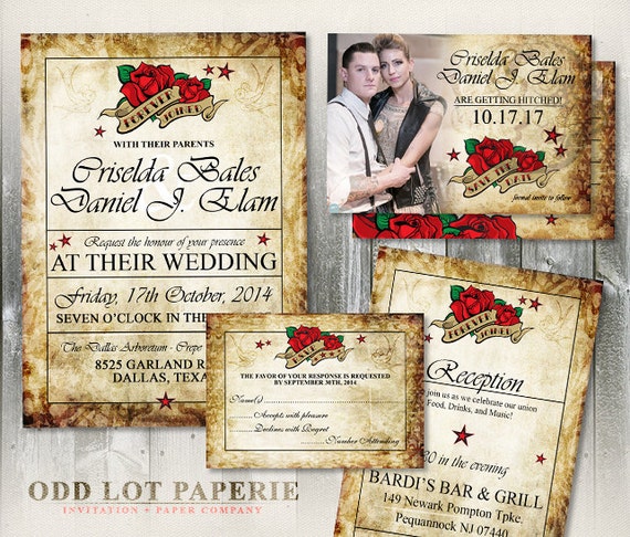 Rose Wedding Invitation, Vintage Wedding, Rocker Wedding, Printable Wedding Save the Date Card, DIY Printable Wedding Set, Rose Tattoo Il_570xn