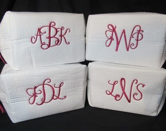 Set of 4 Personalized Bridal Party Cosmetic Bags - Bridesmaid Makeup Bags - Waffle Weave Spa Bags - Great Gift - Shown with Monogram