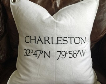 GPS Coordinates Pillow Cover 18" White fabric Latitude Longitude EMBROIDERED Embroidery CUSTOM coordinate Industrial Look with Grommet