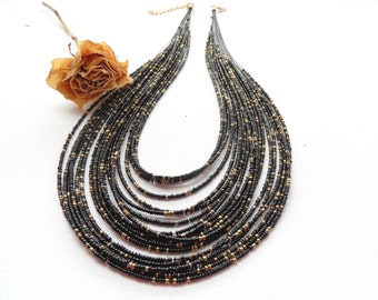 Seed Bead Necklace - Strand Necklace - Beaded Layered Necklace -Black Necklace - Tribal Necklace - Beach Necklace - Choker