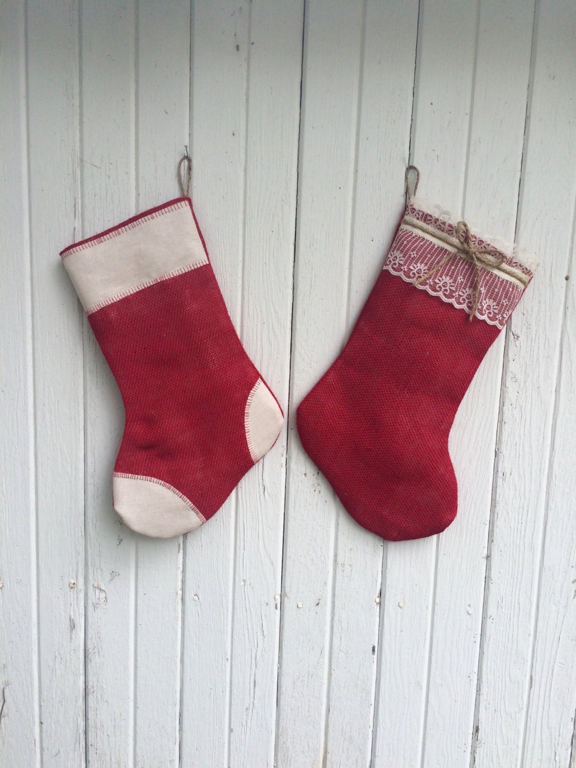 His & Hers-Set of 2 Stockings-Red Burlap w/ Lace and Red