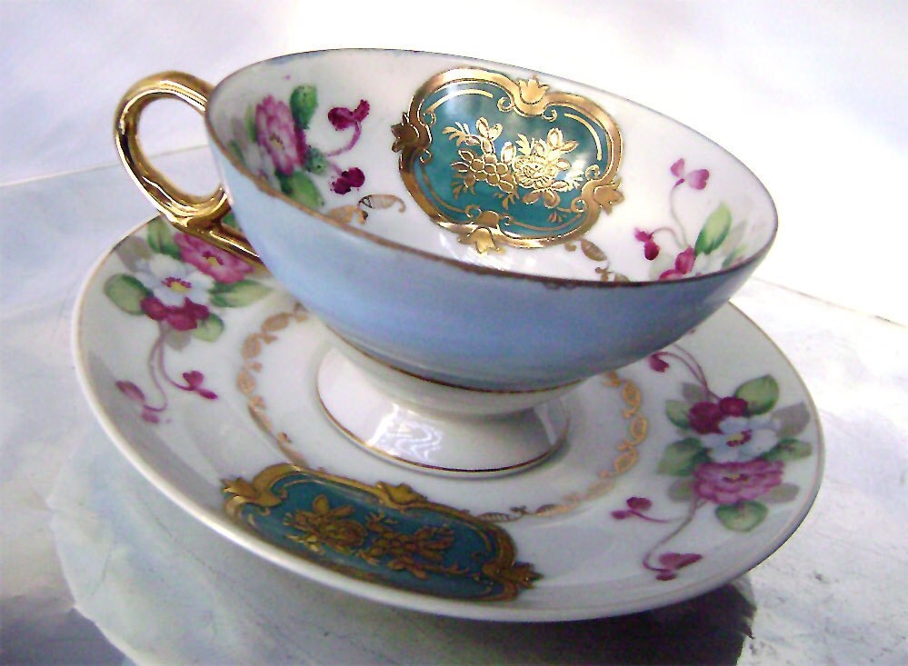 Vintage Occupied Japan Teal Blue and Gold Tea Cup and Saucer