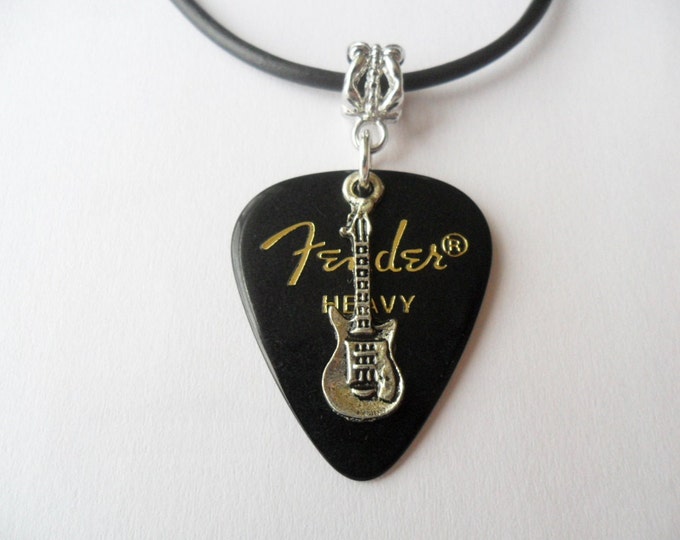 Guitar pick necklace,black, with guitar charm that is adjustable from 18" to 20"