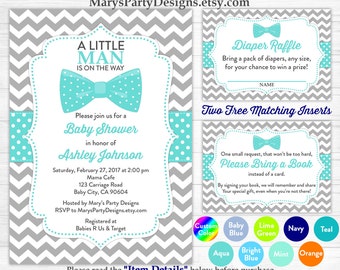 Little Man Baby Shower Invitation - Boy Baby Aqua Turquoise Bow Tie Sprinkle Free Diaper Raffle Ticket Book Request Card Personalized Print