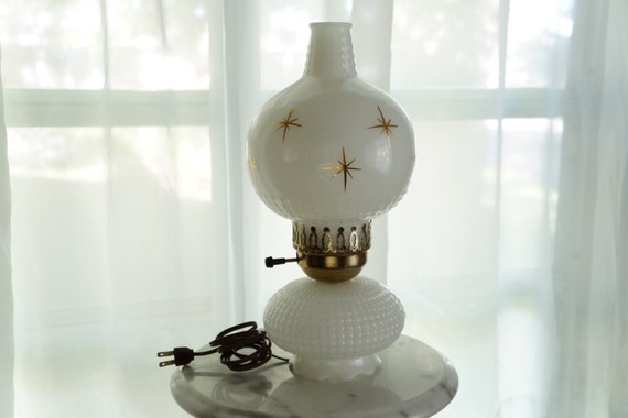 era  Hurricane lamp Hobnail  Cool Lamp Milk Starburst  glass milk Glass  with  Gold Designs