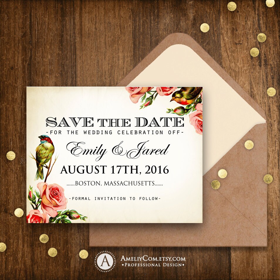 Printable Save the Date Card Vintage Roses &amp; Birds Weddings