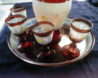 Vintage Red Colored Cordial Decanter and Glasses - Decanter Set - Sherry Set