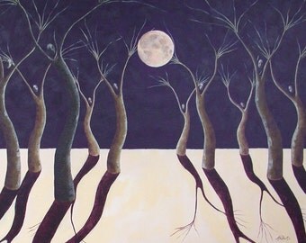 Moon Dance, Surreal Landscape Fine Art Print, Night Sky, Full Moon, Tree People