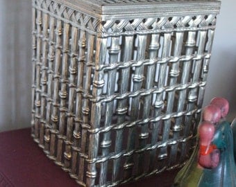 1960s Vintage Tissue Box cover SILVER bamboo design woven metal for tall tissue boxes