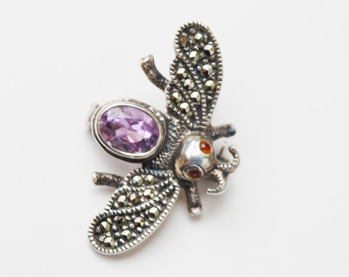 Sterling Marcasite Bee brooch with Purple Amythyst crystal Gemstone cabachon Insect figurine Pin