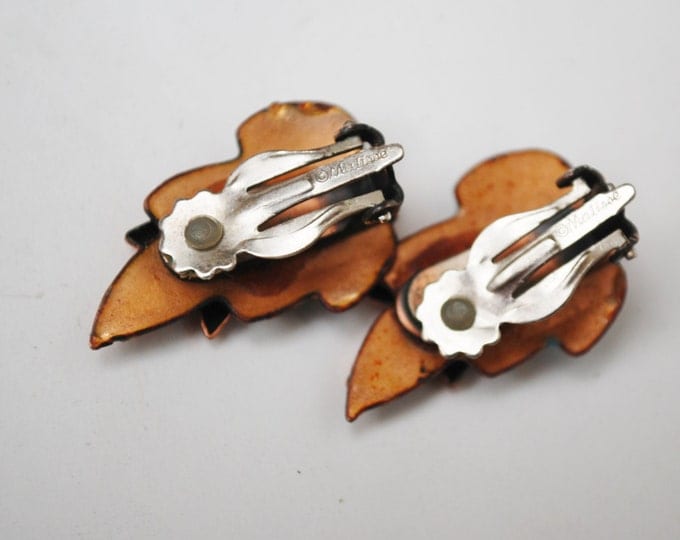 Copper Leaf Earrings - Blue Enamel and Copper Leaf - Signed Matisse -Mid Century - Laurel Leaf