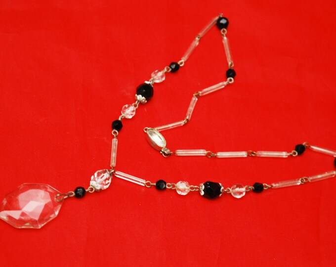 Czech crystal necklace - Glass Pendant - clear and black glass beads - signed