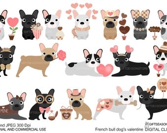 Valentine French bulldogs digital clip art for Personal and Commercial use - INSTANT DOWNLOAD