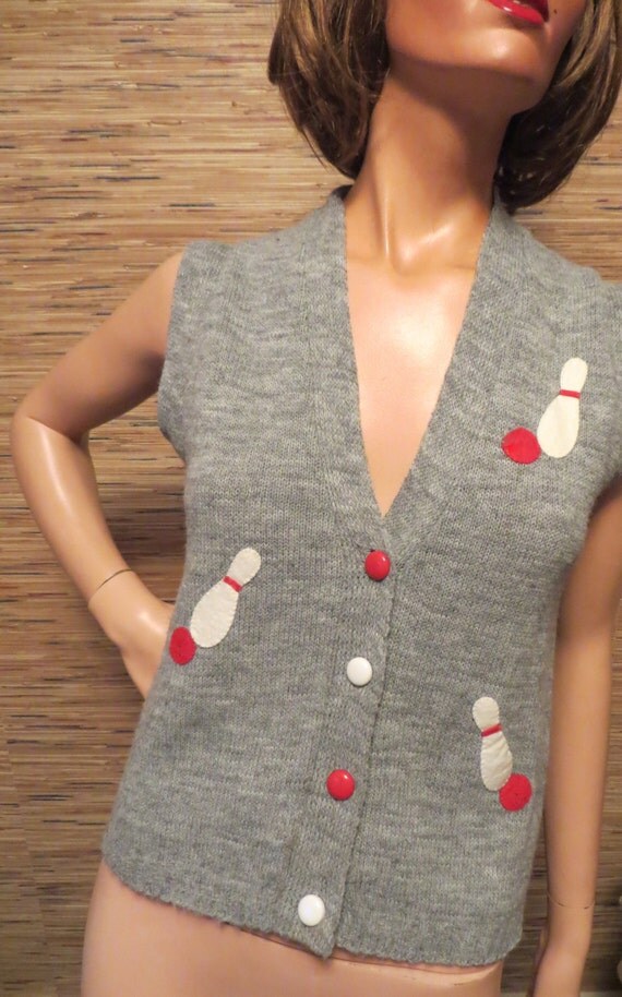 50s Bowling Sweater Vest Gray Orlon Acrylic Bowling Balls
