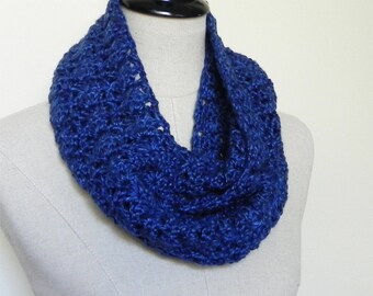 Sapphire blue crochet infinity scarf Blue crochet cowl scarf Lacy circle scarf is Ready to Ship RosyDaysScarves # 507
