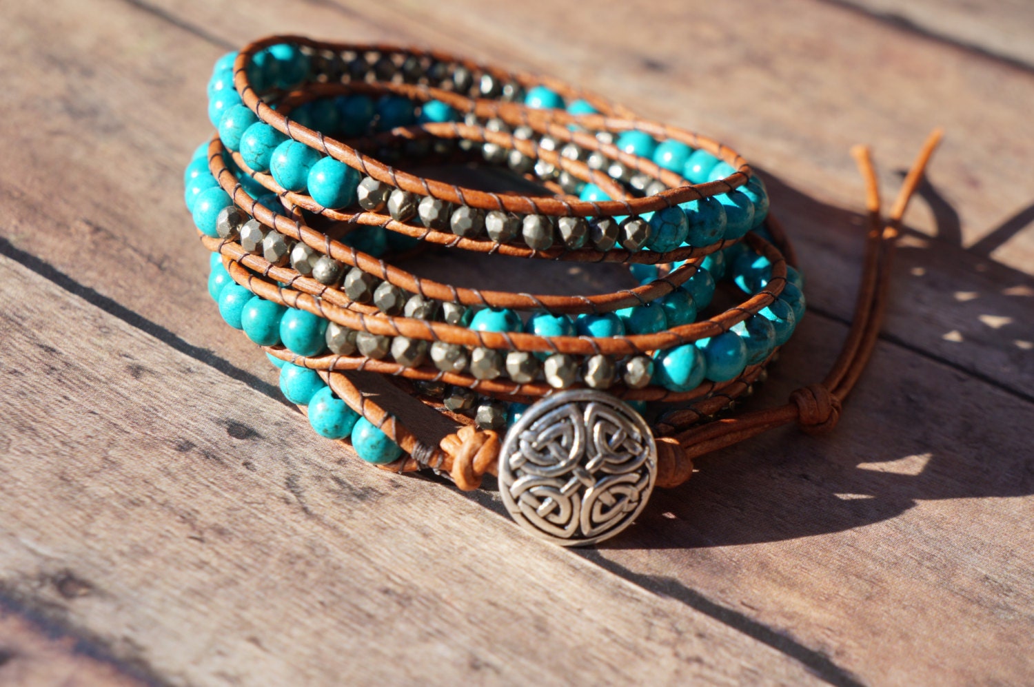Turquoise and Leather Wrap Bracelet Turquoise and Pyrite