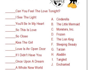 24 Personalized DISNEY LOVE SONGS Bridal Shower Game