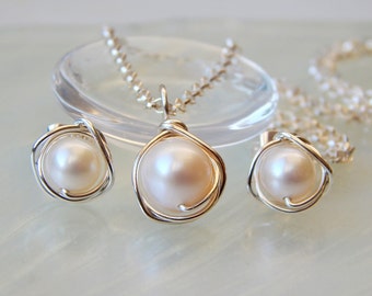 Freshwater Pearl Necklace Earring Set, Jewelery Set, Pearl Earring Pendant Set, Bridesmaids Set, Wedding Jewellery, Wife Gift