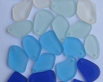 SEA GLASS PENDANTS Assorted 24 pc Freeform 1" Clear Aqua Turquoise Royal Blue Drilled