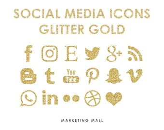 Glitter Gold Social Media Icons, Social Media Buttons, Gold Social Icons, Website Blog Icons, Business Branding, Blog Buttons, Gold Glitter