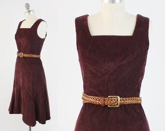 Vintage 70s Corduroy Dress - Sleeveless Burgundy Cotton Sundress - Festival Summer Midi Dress by Leomag Creation - Size Medium Large