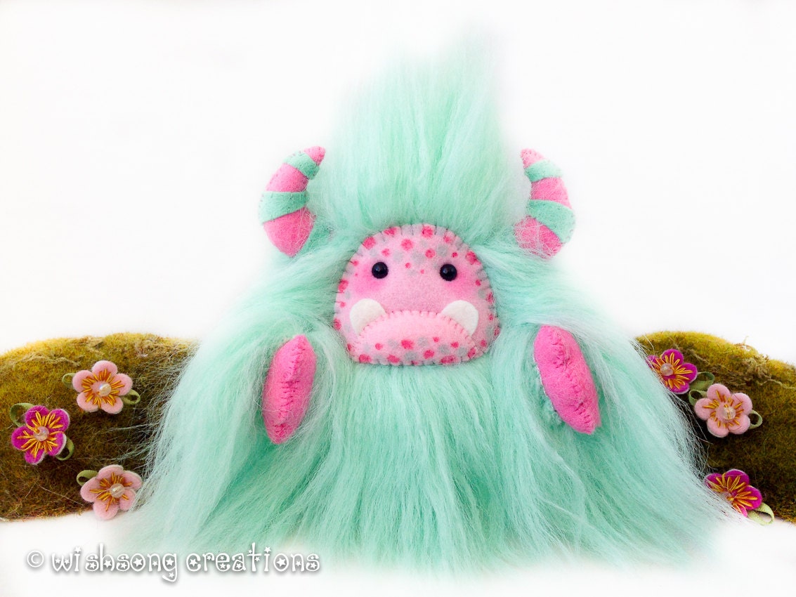 Yeti plush toy faux fur pale mint green and pink monster