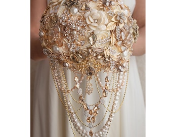Bridal Bouquet, Brooch Bouquet, Wedding Bouquet, Champagne Bouquet Gold, Ivory, Cream Bouquet, Jewelry Bouquet, Quinceanera Keepsake Bouquet