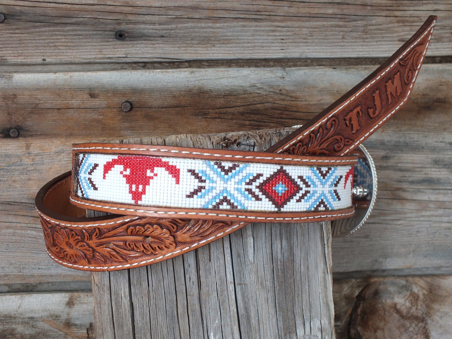 Leather Inlay Beaded Belt