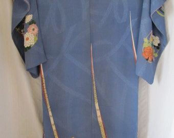 Vintage Japanese Silk Kimono Hand Painted Embroidered Drum Fan Blue Multi-Color Women's