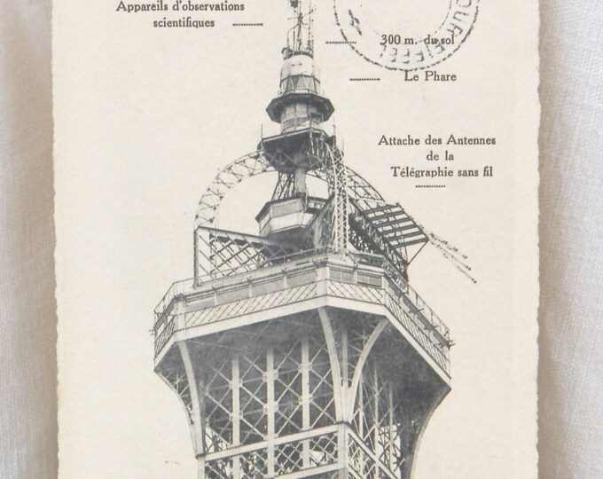 Antique Unused French Black and White Postcard the Summit of the Eiffel Tower Paris Postmarked / French Vintage Decor Shabby Chic Parisian