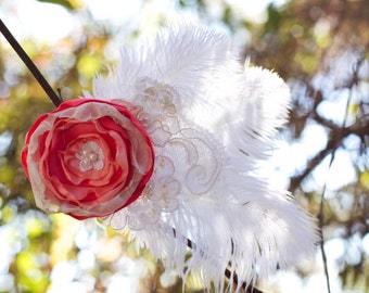 coral wedding sash belt bridesmaids flower girl sash fabric flower ivory vintage lace shabby chic ostrich feather photo prop pearl lace