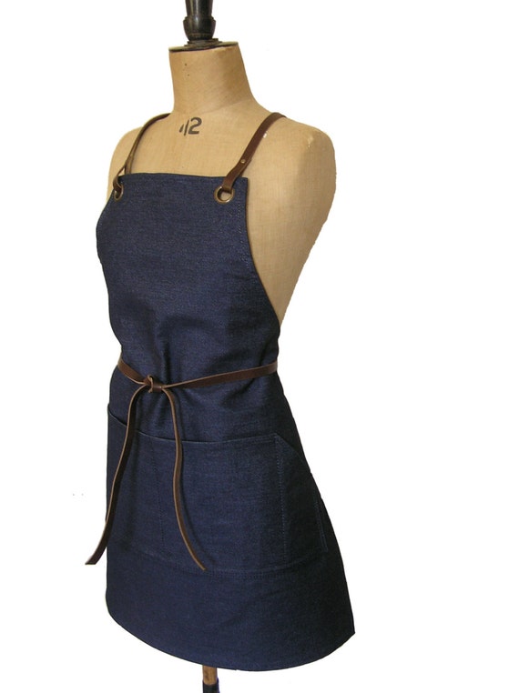 Denim apron with detachable leather waist and neck straps